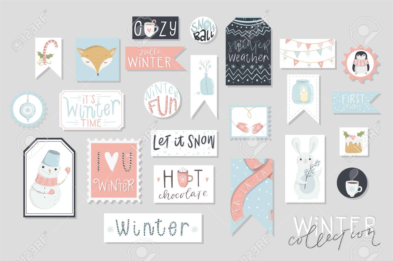Wintertime variety of playing cards and present tags preset, lovely hand drawn.. photo regarding Printable Kraft Tags identify Wintertime assortment of playing cards and present tags preset, adorable hand drawn..