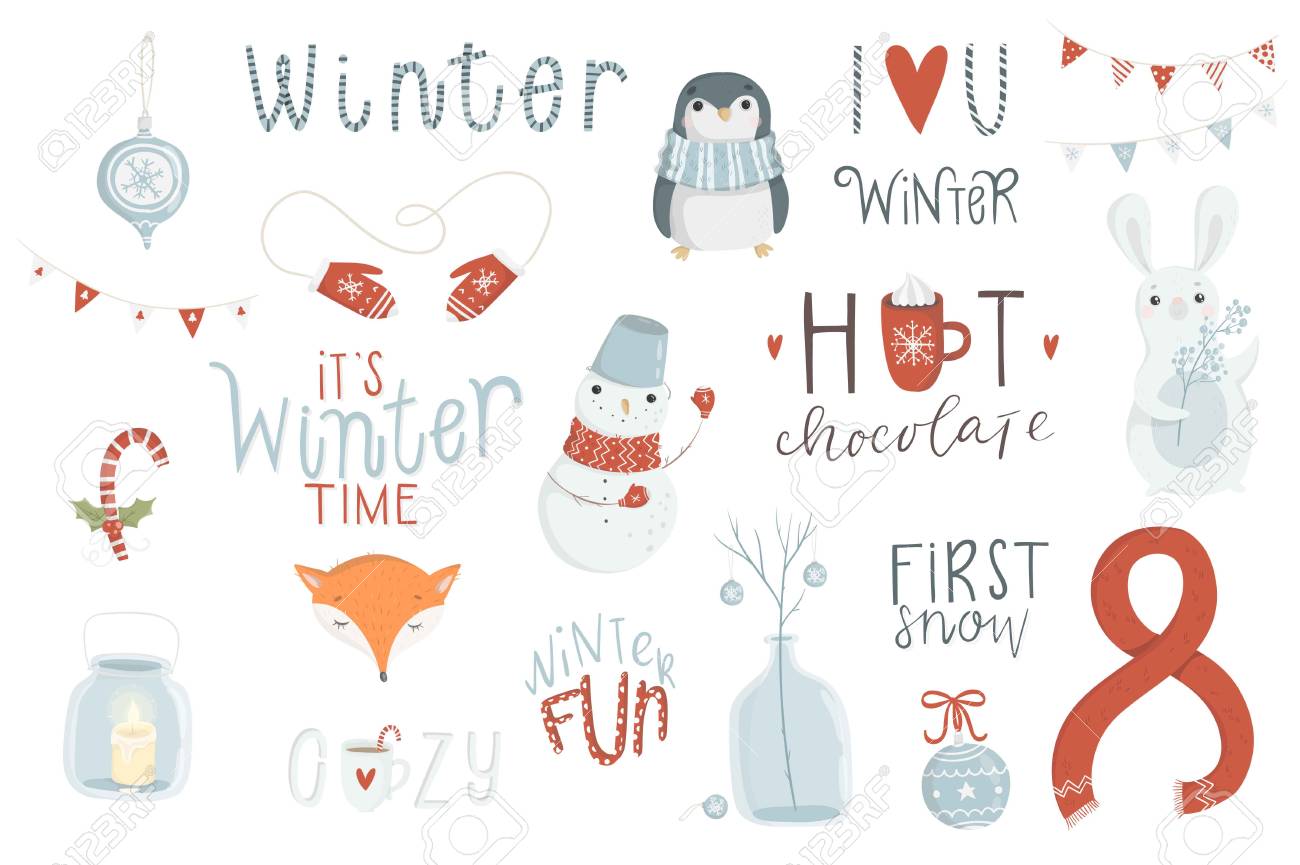 冬セット 手描きスタイルのレタリング 動物および他の要素 ベクトル Eps10 イラスト のイラスト素材 ベクタ Image