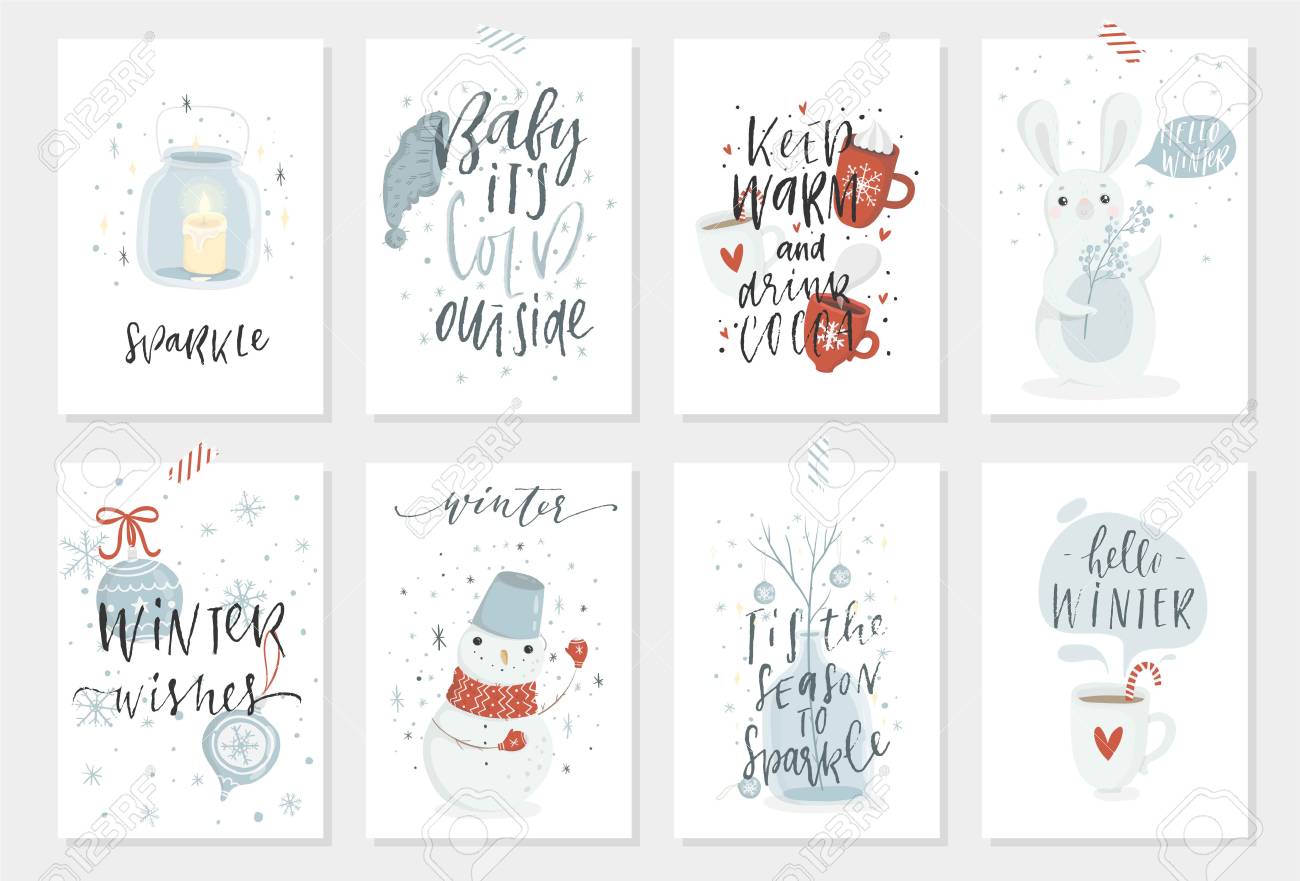 Collection Of 8 Cute Merry Christmas And Happy New Year Ready To Use Gift Cards Set Of Eight Printable Hand Drawn Holiday Posters Templates Vector Seasonal Postcard Design Royalty Free Cliparts Vectors And Stock