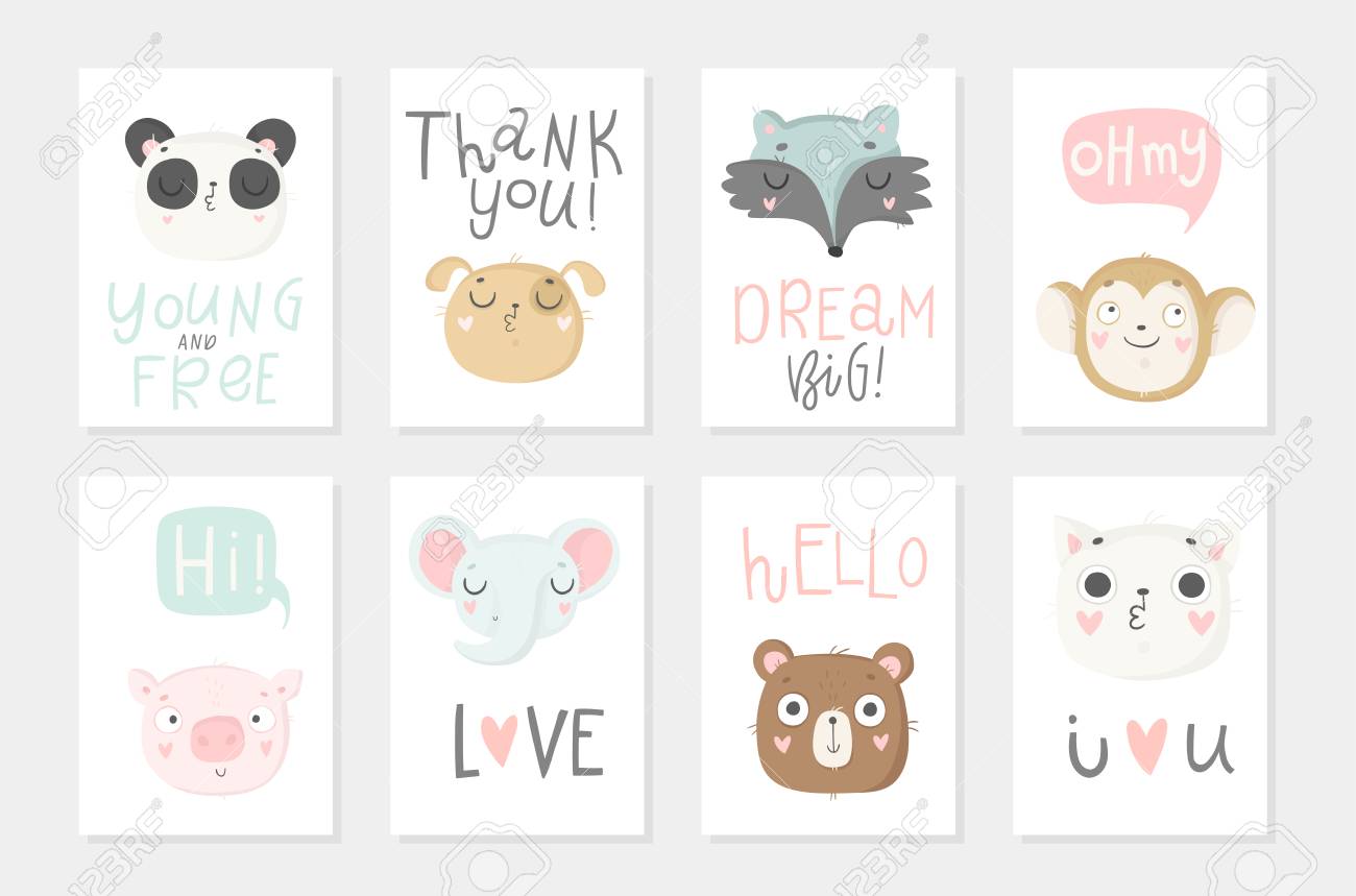 Collection of 8 baby shower posters. Cards with cute animals and hand drawn lettering on white background, pastel colors. Wedding, save the date, baby shower, bridal, birthday. Vector - 97624333 Collection of 8 baby shower posters. Cards with cute animals and hand drawn lettering on white background, pastel colors. Wedding, save the date, baby shower, bridal, birthday. Vector - 97624333