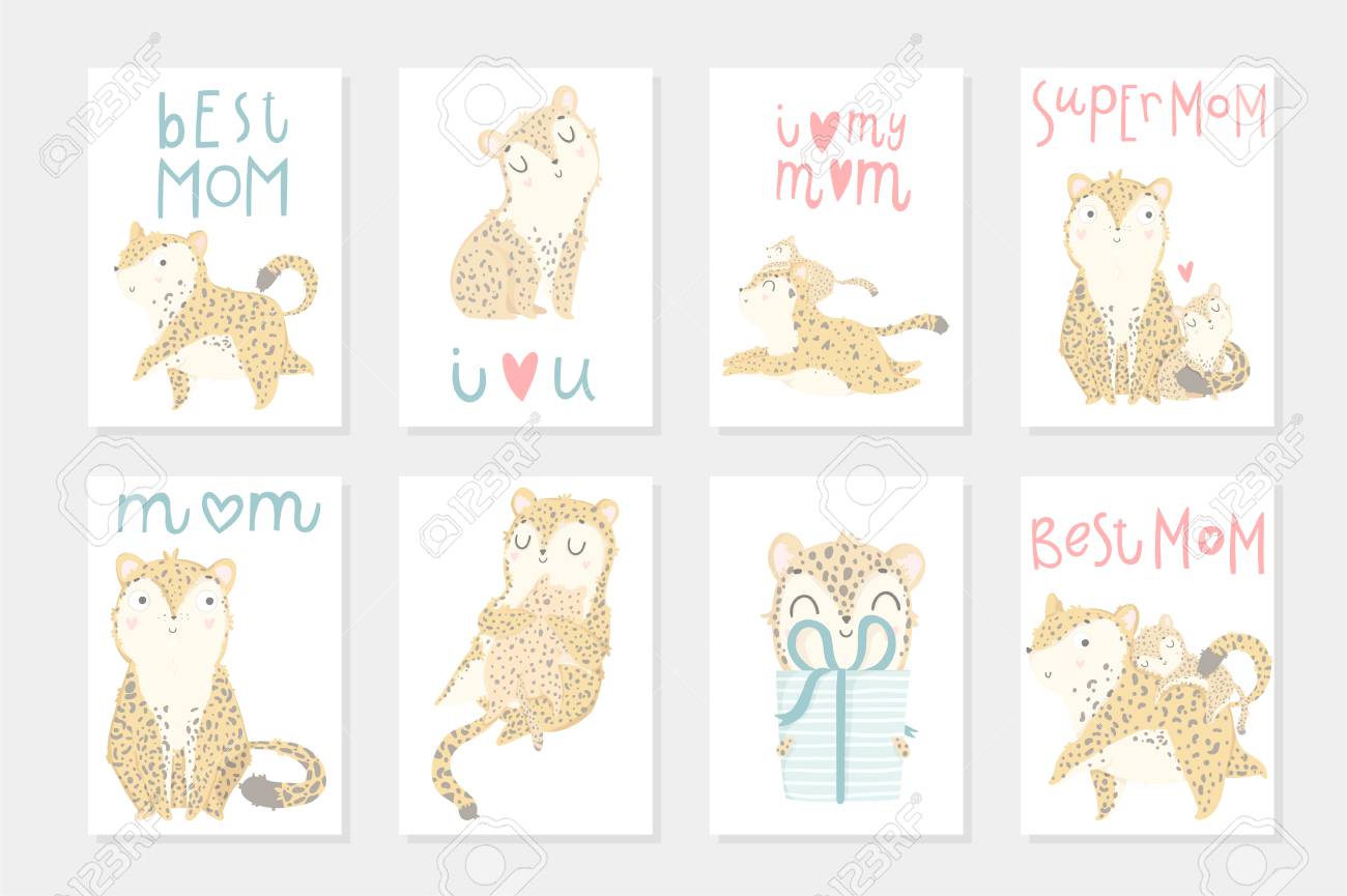 母の日にポスターを使用する準備ができて8で設定します かわいい母ヒョウ彼女の子供と一緒に かわいい動物とレタリングとベクターイラスト はがき ポスター 招待デザイン 愛 母の日おめでとう のイラスト素材 ベクタ Image
