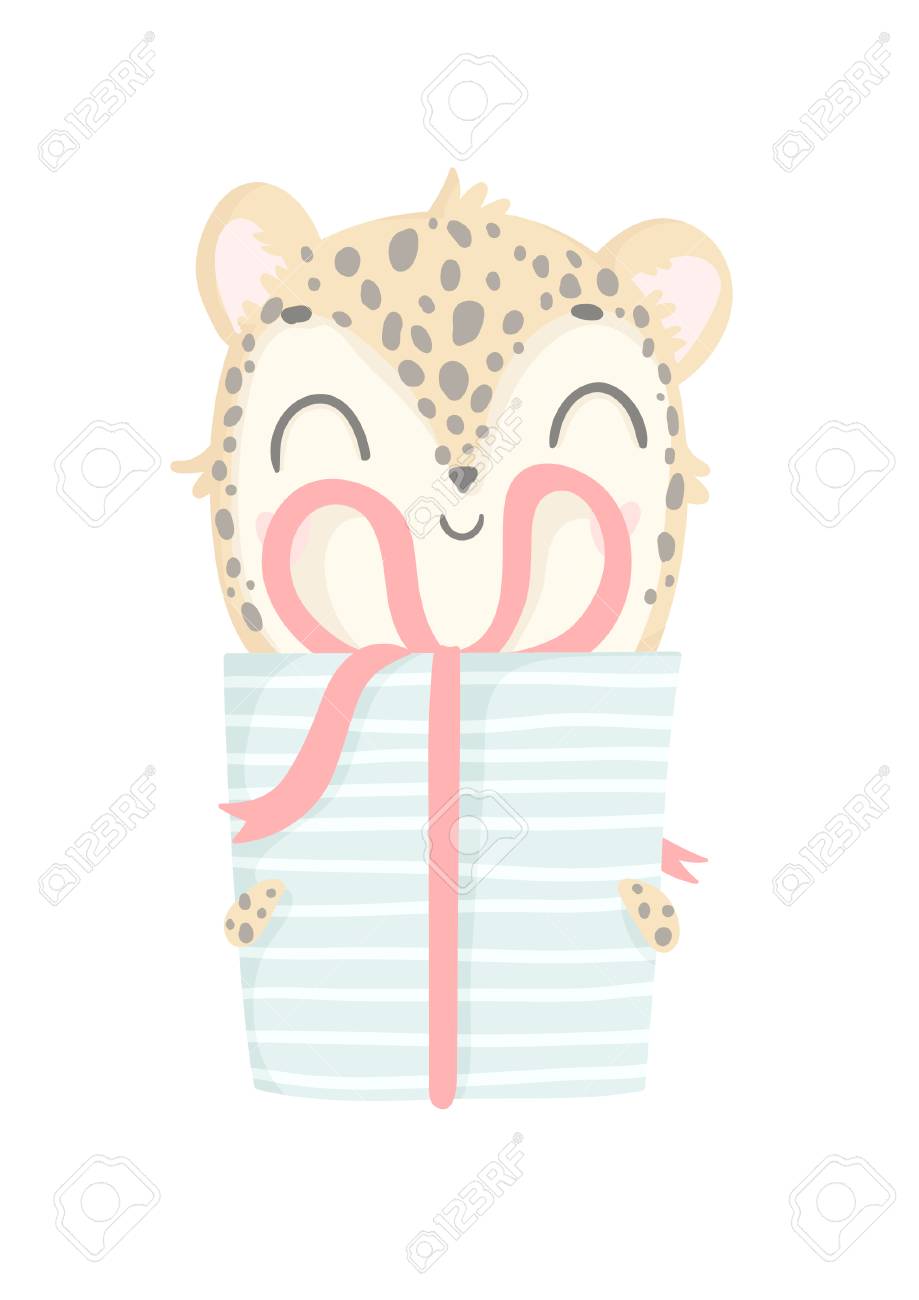 グリーティングカードをありがとう ギフトボックスでヒョウを描いたかわいい手 弓とリボンでプレゼント ベクトル図のイラスト素材 ベクタ Image
