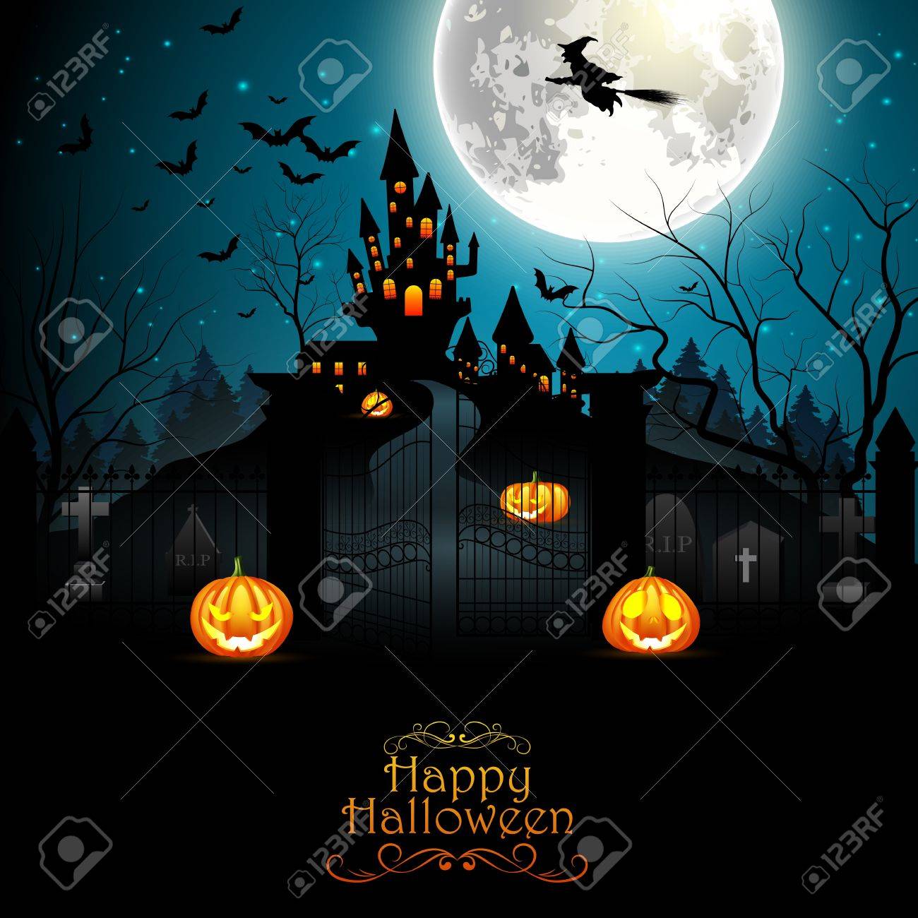 満月の魔女怖い墓地と森の中の農家を飛行のイラスト素材 ベクタ Image