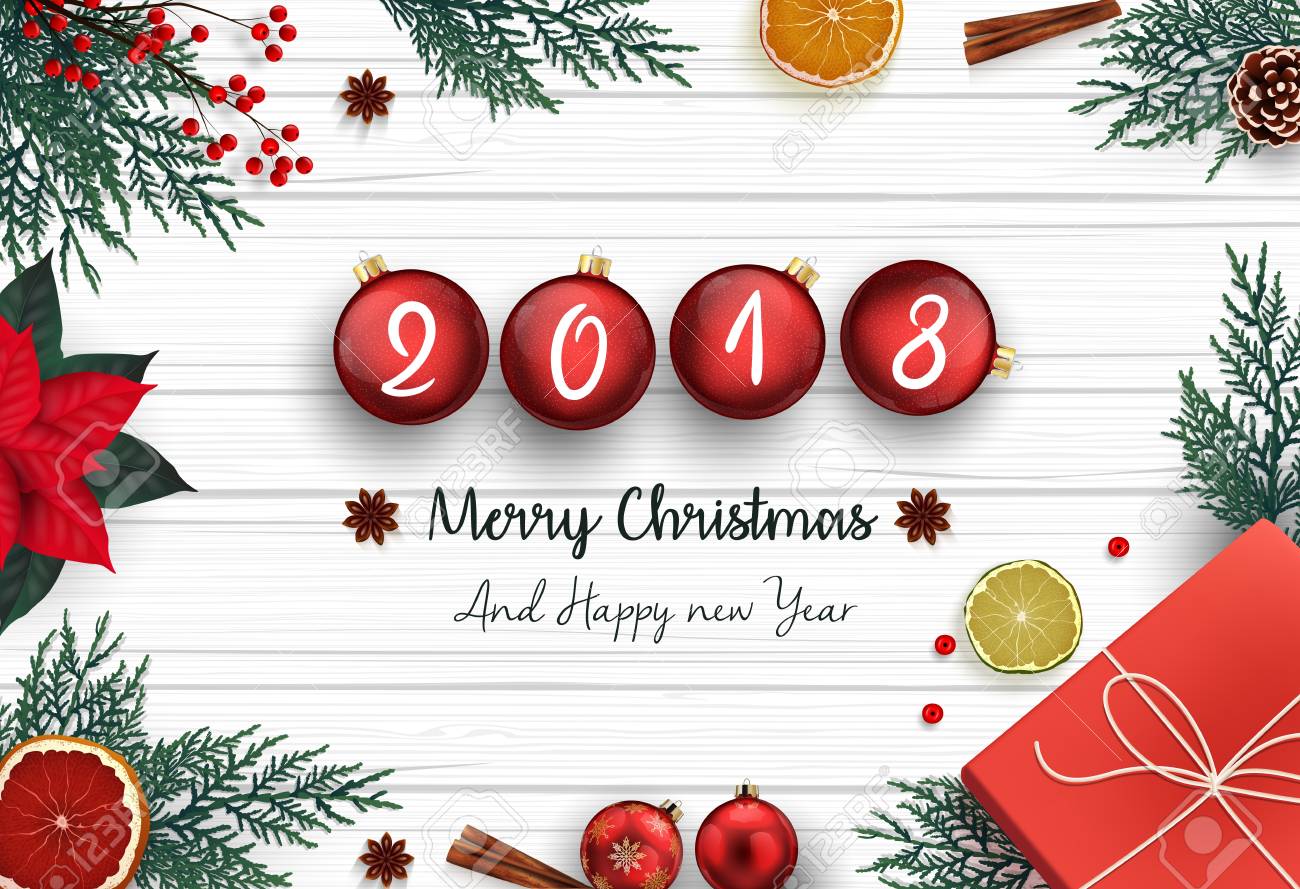 Joyeux Noel Et Bonne Annee 18 Avec Decoration De Noel Et Boules De Noel Rouges Banque D Images Et Photos Libres De Droits Image
