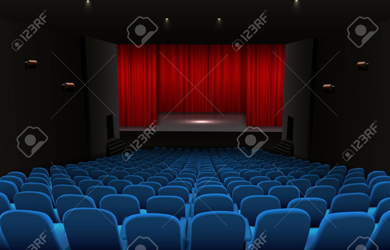 Theater Stage With Red Curtains And Blue Seats Stock Photo