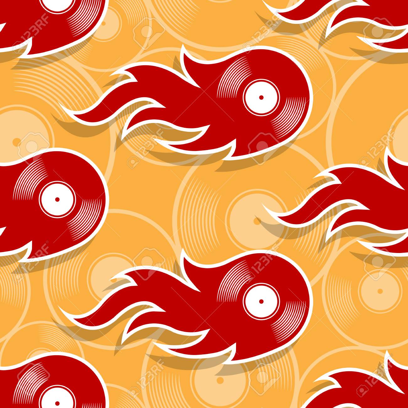 Seamless Pattern With Retro Vintage Vinyl Record Icons And Flames Seamless Pattern With Retro Vintage Vinyl Record Icons And Flames