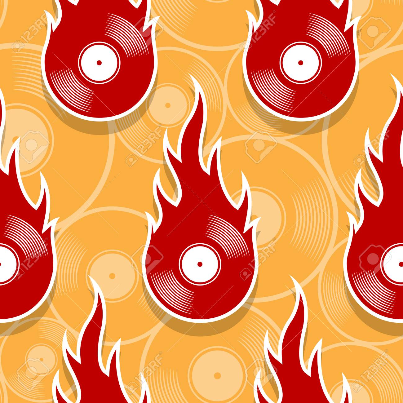 Seamless Pattern With Retro Vintage Vinyl Record Icons And Flames Seamless Pattern With Retro Vintage Vinyl Record Icons And Flames