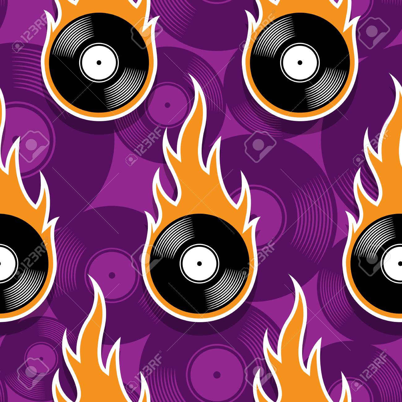 Seamless Pattern With Retro Vintage Vinyl Record Icons And Flames Seamless Pattern With Retro Vintage Vinyl Record Icons And Flames