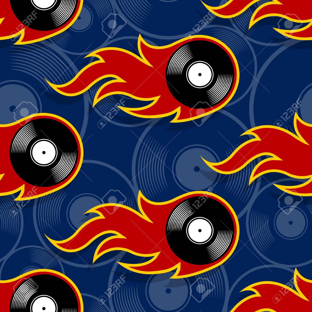 Seamless Pattern With Retro Vintage Vinyl Record Icons And Flames Seamless Pattern With Retro Vintage Vinyl Record Icons And Flames