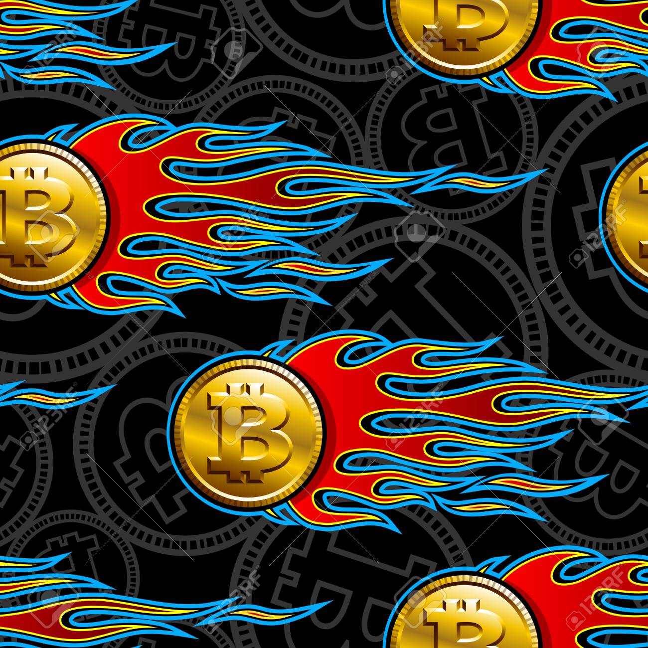 デジタルビットコイン暗号通貨のシンボルとホットロッドの炎とのシームレスなパターン。ベクトルイラスト。壁紙包装布テキスタイル包装紙のデザインに最適です。のイラスト素材・ベクター  Image 105754991