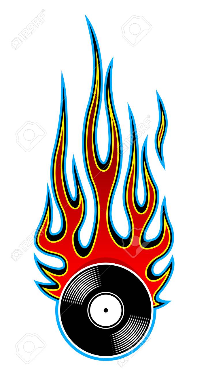 스티커 자동차, 오토바이 데칼 로고 디자인 템플릿 및 모든 종류의 장식에 이상적인 불꽃이 있는 빈티지 복고 비닐 레코드 아이콘의 인쇄  가능한 벡터 그림 로열티 무료 사진, 그림, 이미지 그리고 스톡포토그래피. Image 105785906