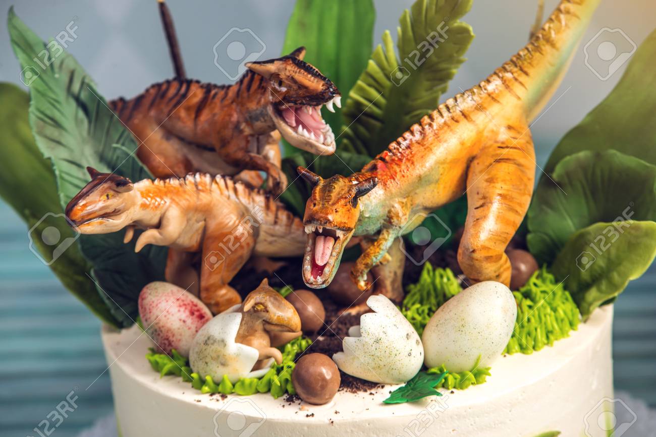 Children S Holiday White Cake Decorated With Mastic Figurines Of Dinosaurs In The Jurassic Period Jungle Concept Ideas Desserts For Kids Stock Photo Picture And Royalty Free Image Image