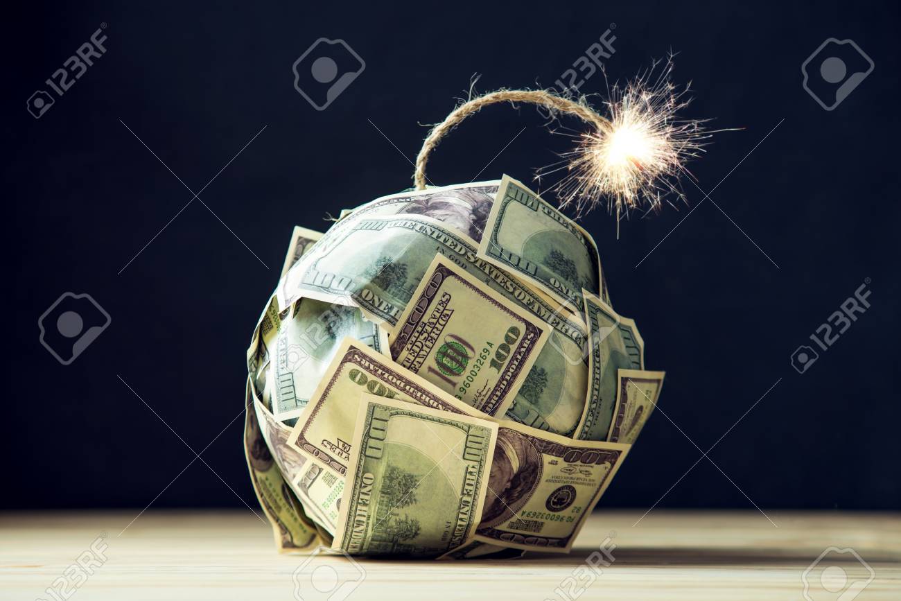 Big bomb of money hundred dollar bills with a burning wick. Little time before the explosion. The concept of financial crisis - 92554994 Big bomb of money hundred dollar bills with a burning wick. Little time before the explosion. The concept of financial crisis - 92554994