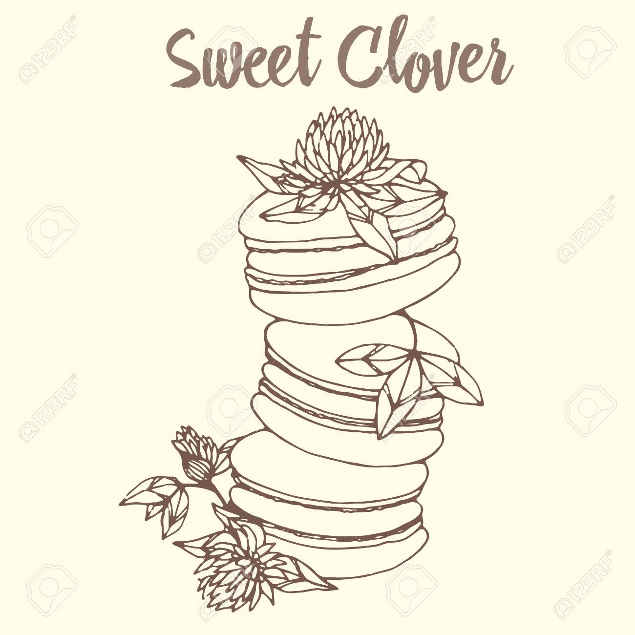 概要手書きクローバー花と甘いデザート マカロンのベクトル イラスト のイラスト素材 ベクタ Image