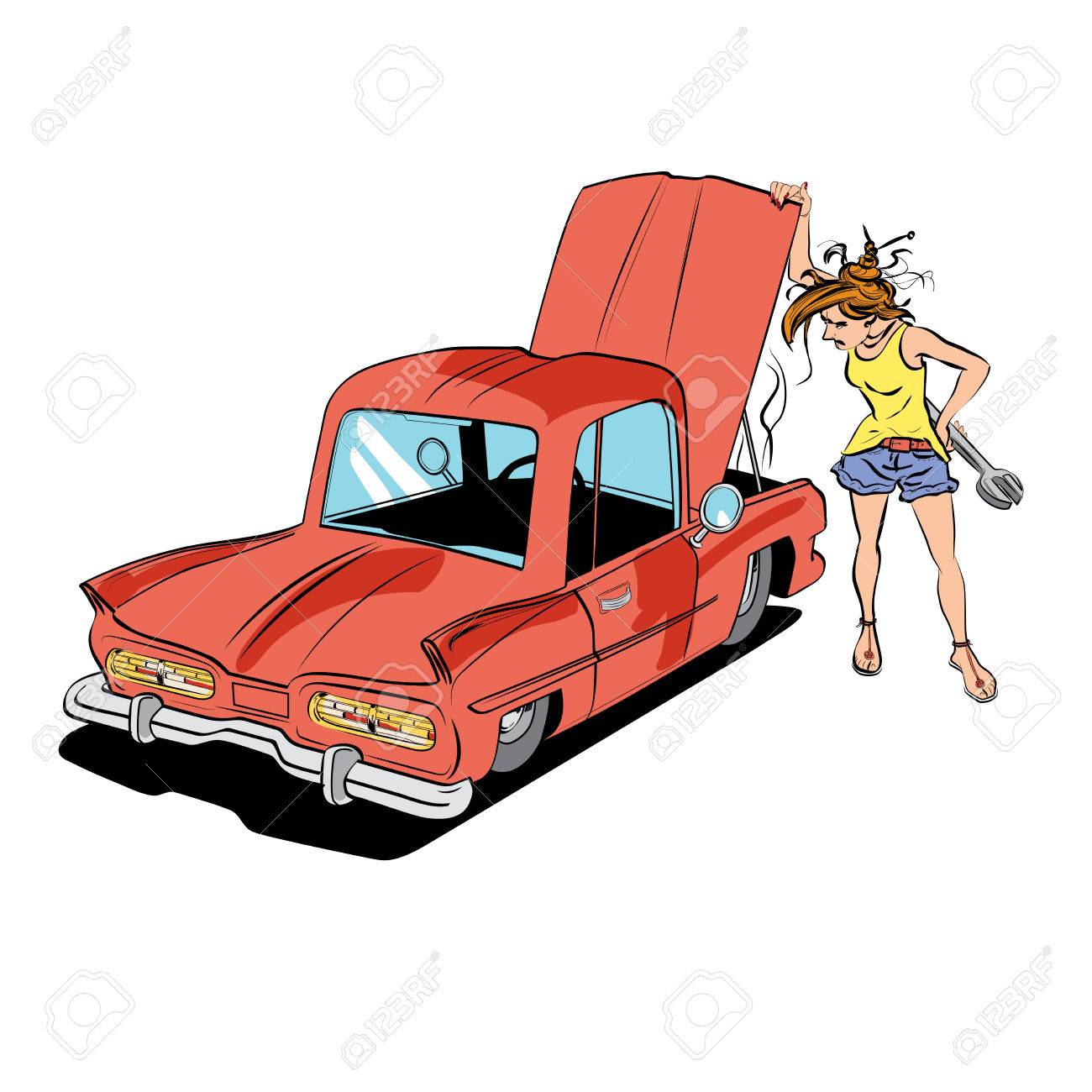 Woman repair car. Vector illustration. Transport and roads. Girl driver car mechanic. Old car - 53167188 Woman repair car. Vector illustration. Transport and roads. Girl driver car mechanic. Old car - 53167188