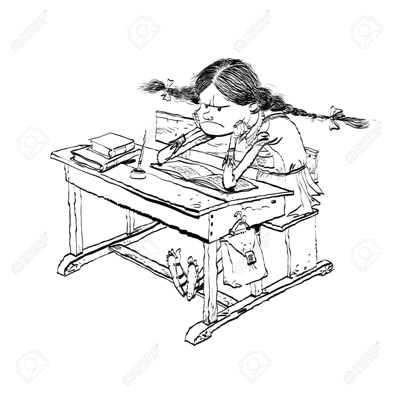 Fille En Colère Dans Lart De La Ligne De Lécole Ecolière Sur La Leçon Les Enfants à Lécole éducation Illustration En Noir Et Blanc Pour La - 