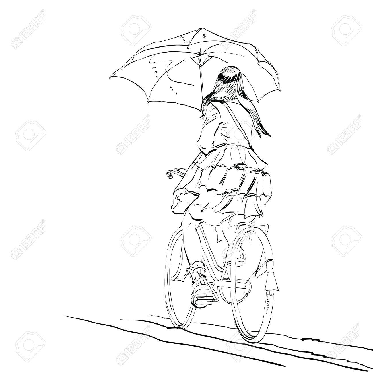 Girl On Bike With Umbrella Autumn Rain Hands Drawn Vector Illustration