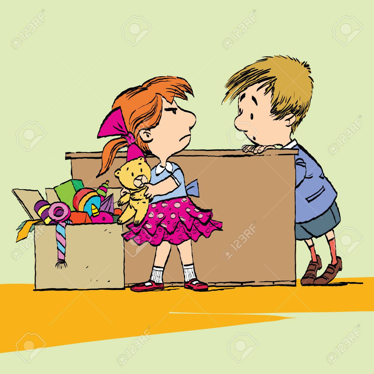 Greedy Girl With Toy And Boy Caricature Cartoon Style Hand Drawn Royalty Free Cliparts Vectors And Stock Illustration Image 76764061
