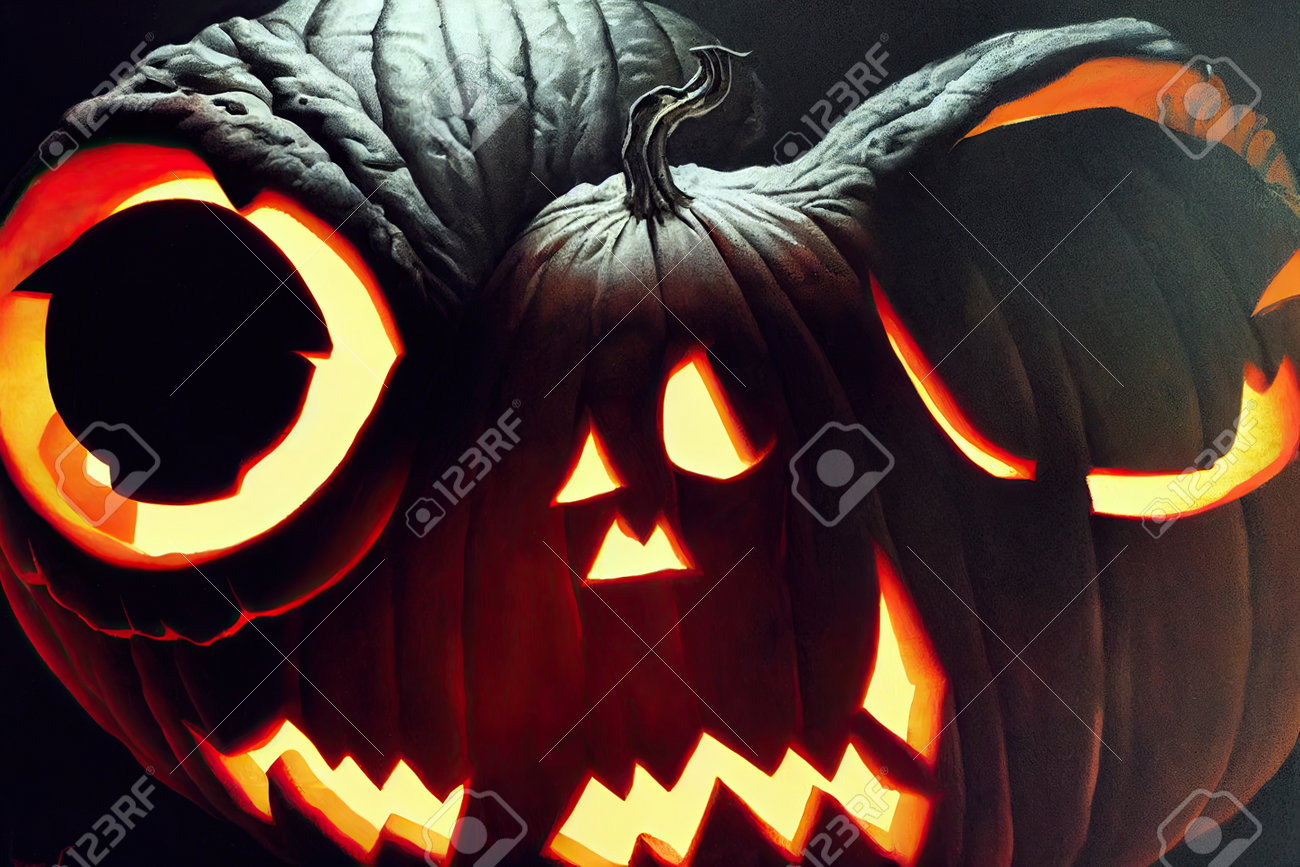 Halloween Illustration Jack Lantern Scary Flaming Faceの写真素材