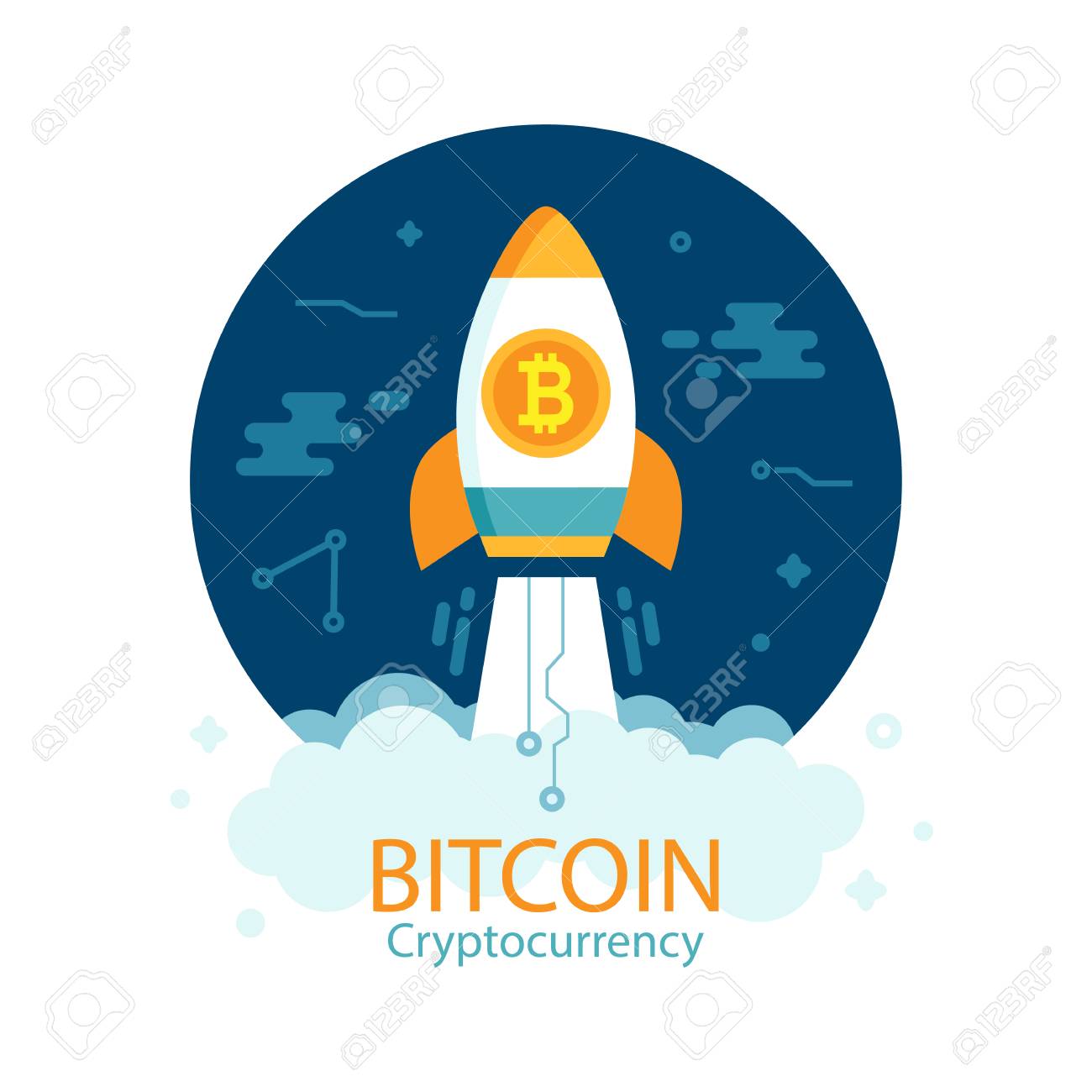 Bitcoin Growth Concept With Rocket Crypto Currency Digital Money Block Chain Finance Symbol Flat Style Vector Illustration Royalty Free Cliparts Vectors And Stock Illustration Image 88642927