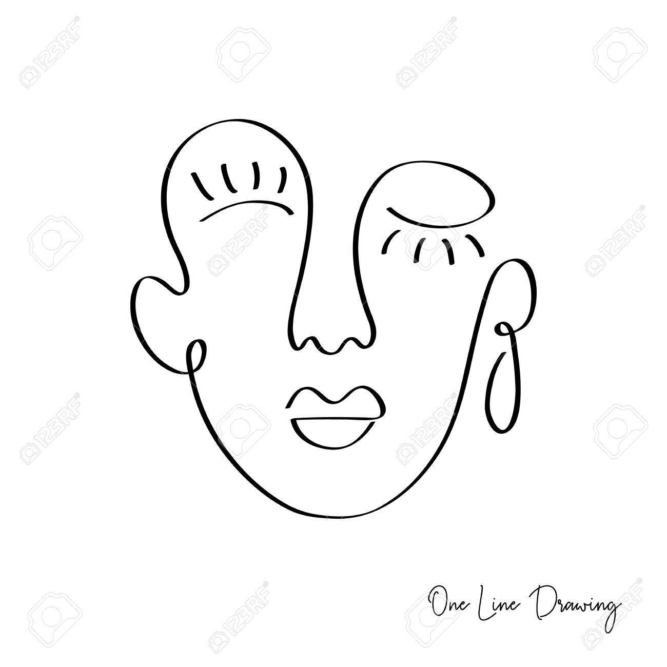 Fashion One Line Drawing Women Faces. Abstract Female Portrait. Vector Lines  Modern Glamour Poster, Minimalistic Style. Abstract Continuous Linear Art,  T Shirt Print. Royalty Free Svg, Cliparts, Vectors, And Stock Illustration.  Image