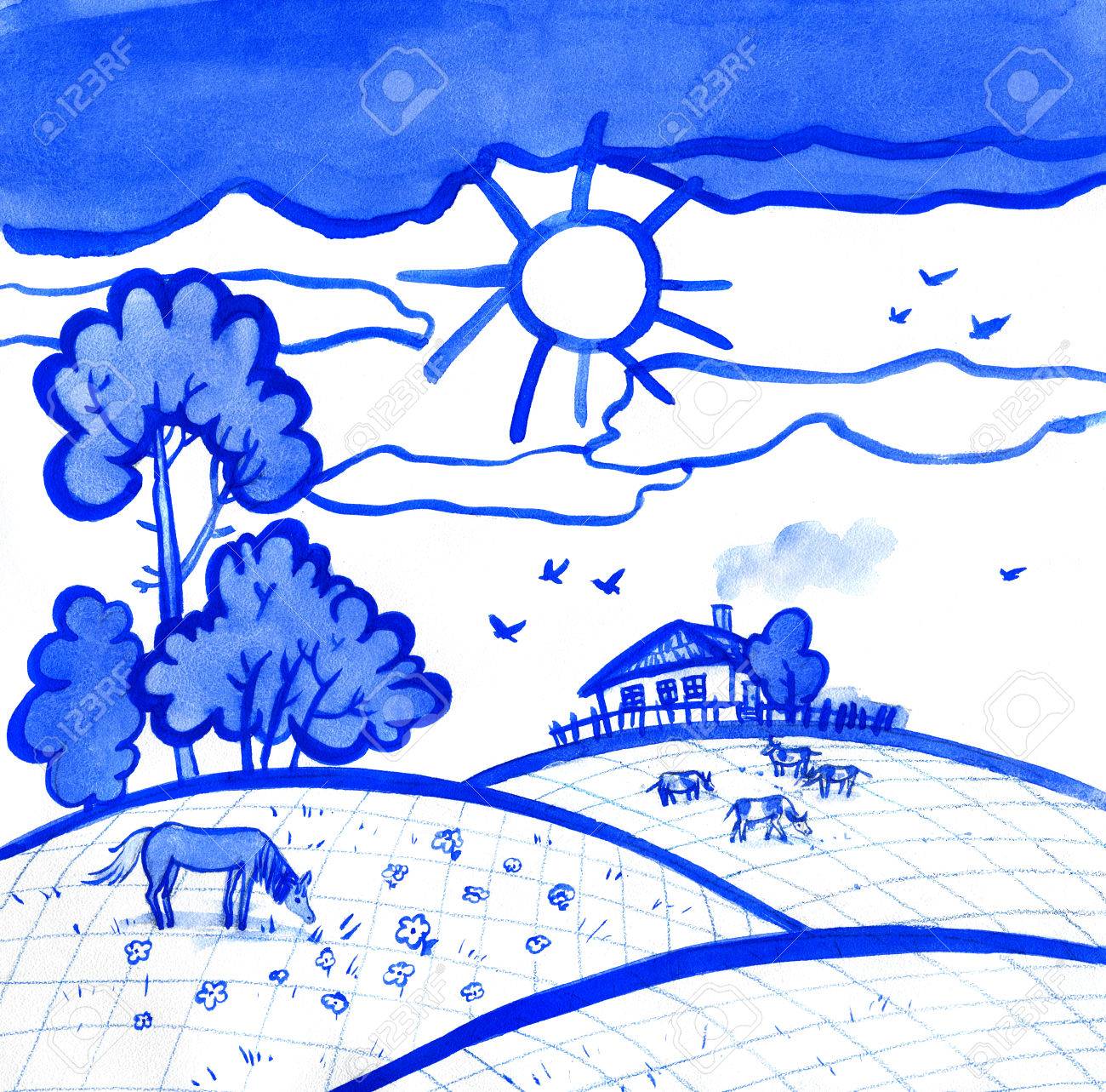 田舎風景の家と牛画します 青白黒の水彩イラスト の写真素材 画像素材 Image 5849