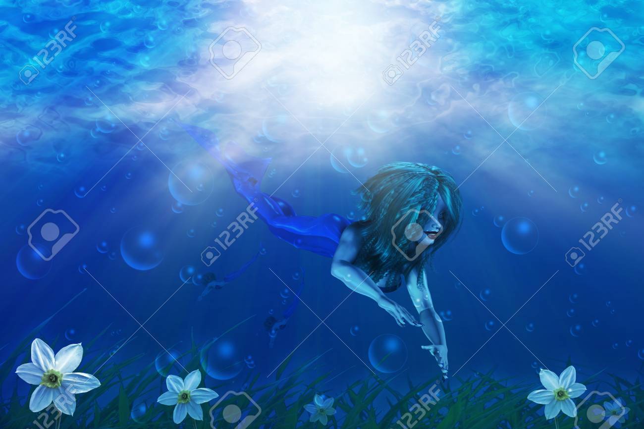 水中世界をバック グラウンドで美しい人魚のイラスト の写真素材 画像素材 Image
