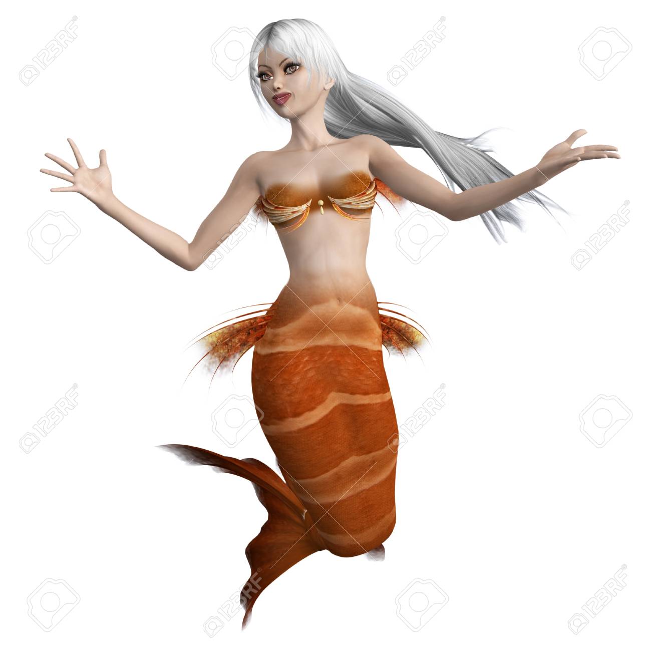 オレンジの尾と白い髪を持つ美しい人魚の画像をデジタル表示 の写真素材 画像素材 Image