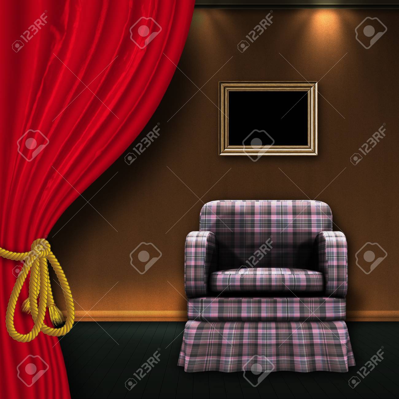 Intérieur Avec Le Rideau Rouge, Cadre En Bois Ancien Et Un Fauteuil ... Intérieur Avec Le Rideau Rouge, Cadre En Bois Ancien Et Un Fauteuil ...