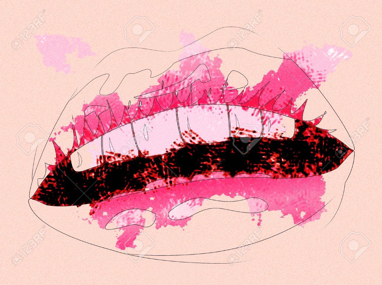 デジタル水彩効果ピンク色のカラフルな女性の唇 の写真素材 画像素材 Image