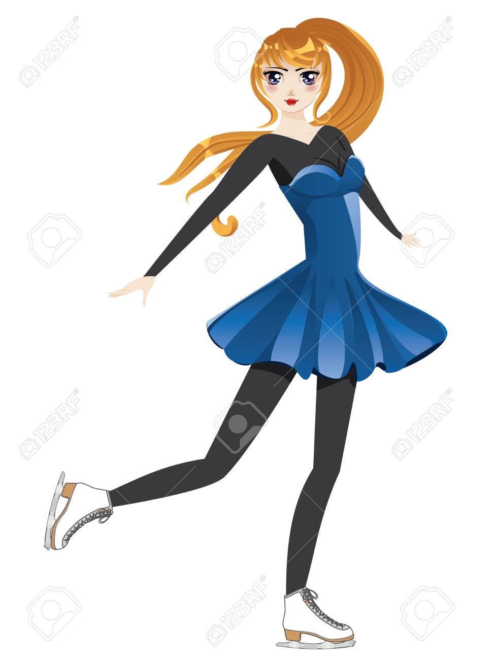 白地に青いドレスのポニーテールで結ばれる長い黄色の髪を持つ女性フィギュア スケート選手 のイラスト素材 ベクタ Image
