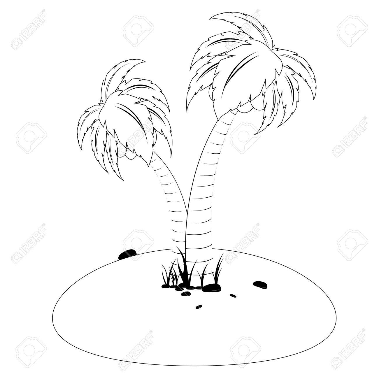 Small Tropical Island With Palm Trees, Black Contour On White . Royalty  Free SVG, Cliparts, Vectors, and Stock Illustration. Image 29034300., image size:1300x1300