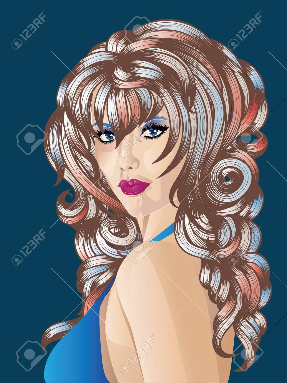 長い巻き毛のカラフルな髪と青い目と派手な女性 のイラスト素材 ベクタ Image