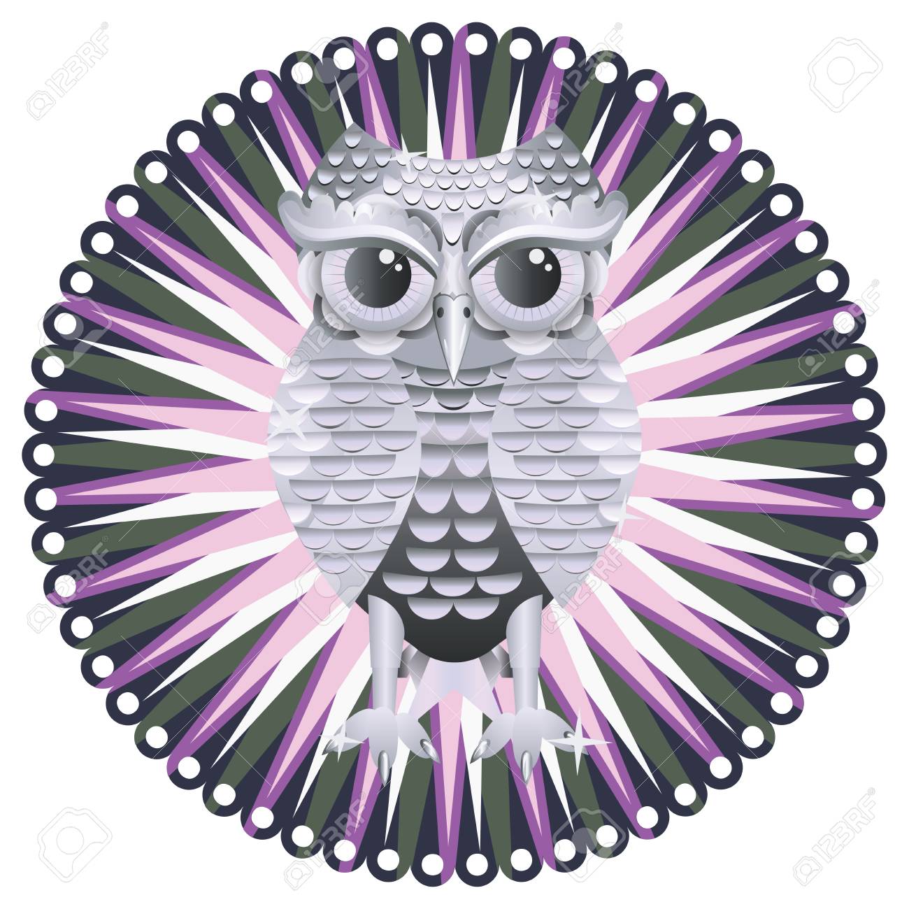 装飾的な金属製のフクロウのイラスト シルバー製かわいいフクロウ のイラスト素材 ベクタ Image