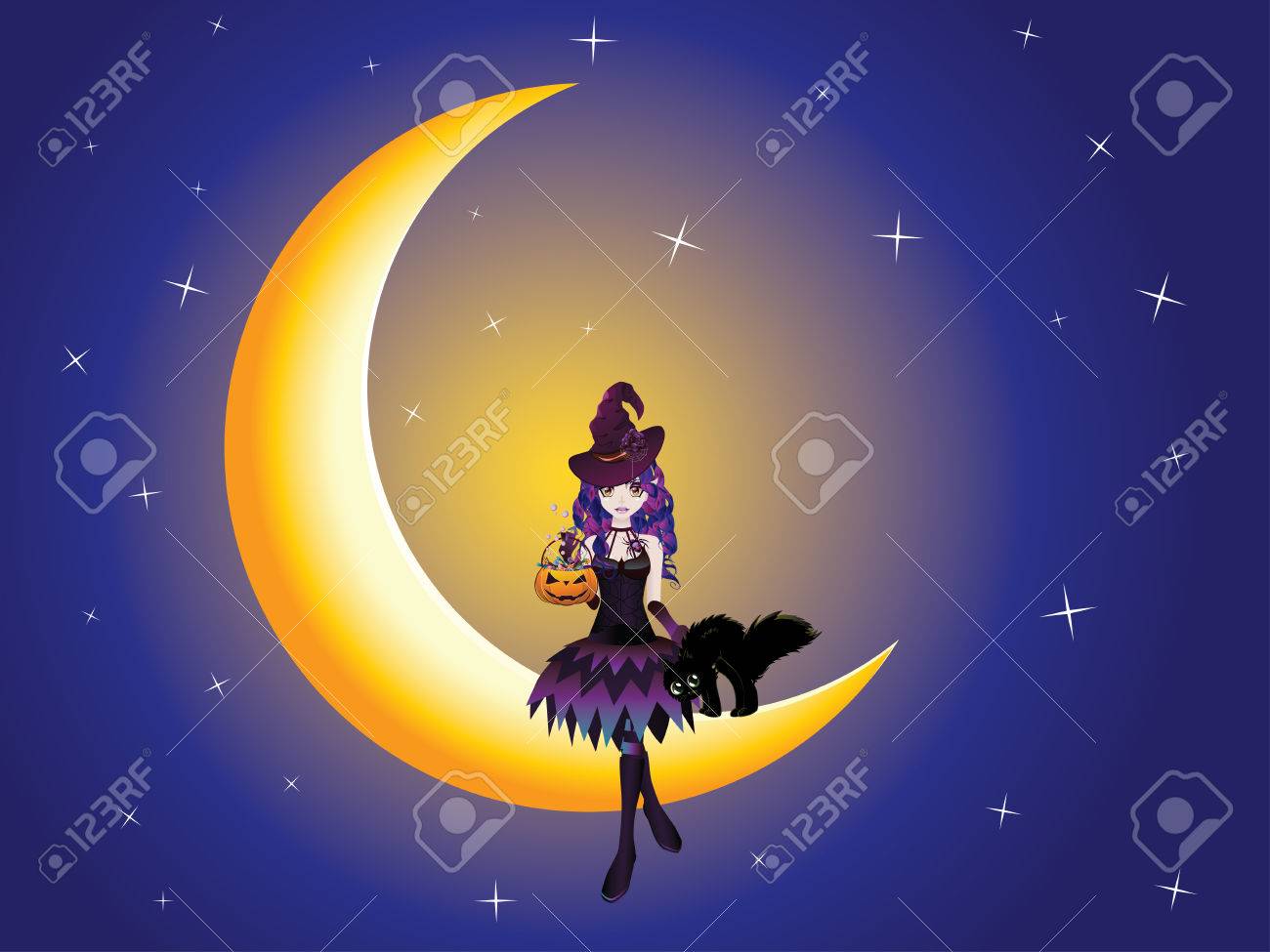 三日月の上に黒猫とかわいいハロウィーンの魔女 のイラスト素材 ベクタ Image