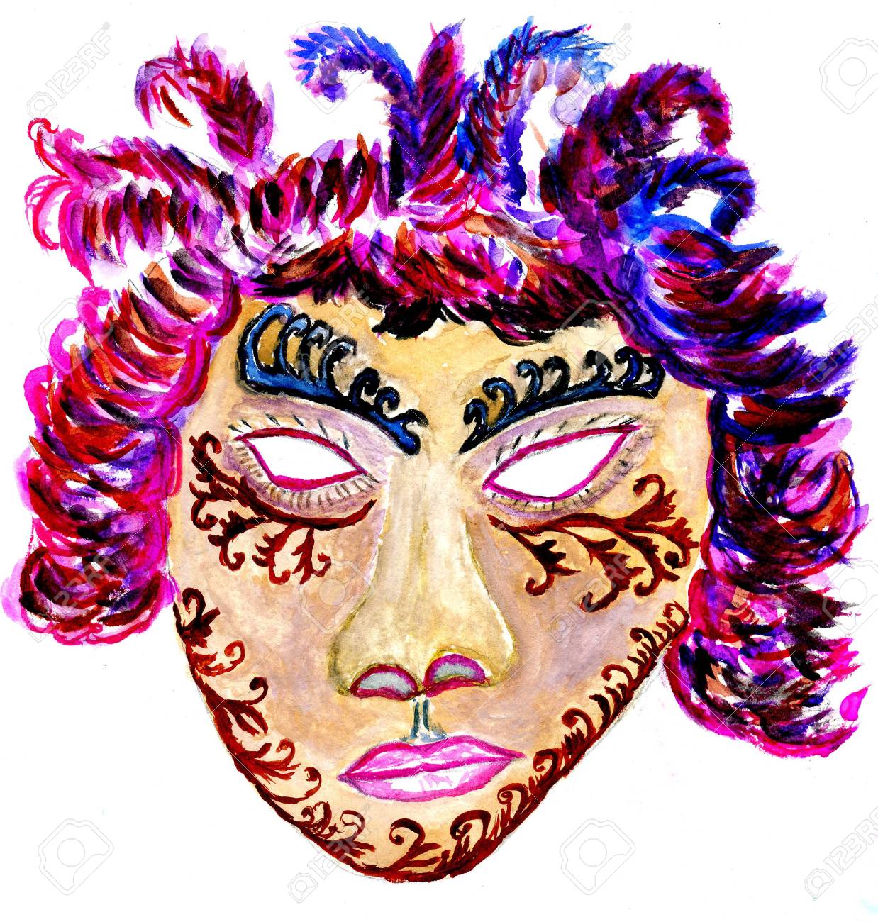 お祭り カーニバル装飾的なフェイス マスク 水彩イラスト の写真素材 画像素材 Image