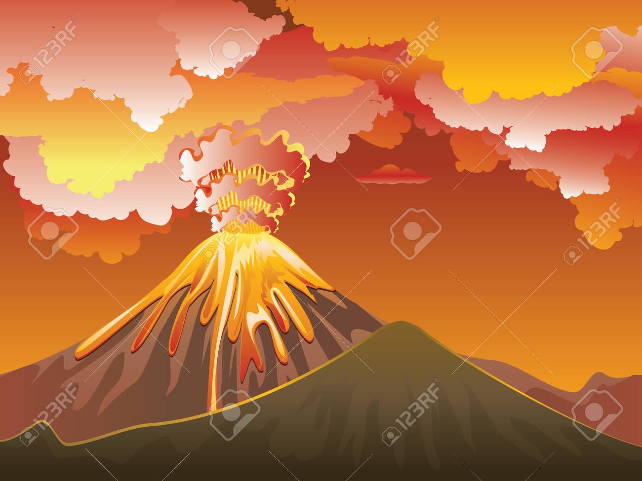 Illustration De L Eruption Du Volcan De Dessin Anime Avec De La Lave Chaude Banque D Images Et Photos Libres De Droits Image