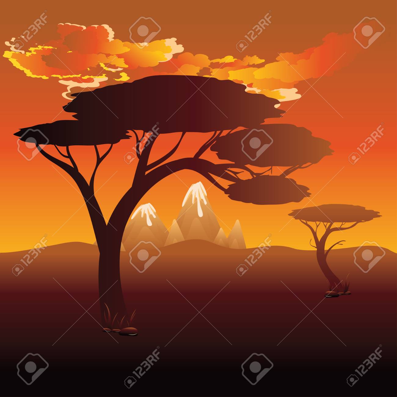 Bunte Sonnenuntergangszene Afrikanische Landschaft Mit Schattenbild Von Baumen Lizenzfrei Nutzbare Vektorgrafiken Clip Arts Illustrationen Image