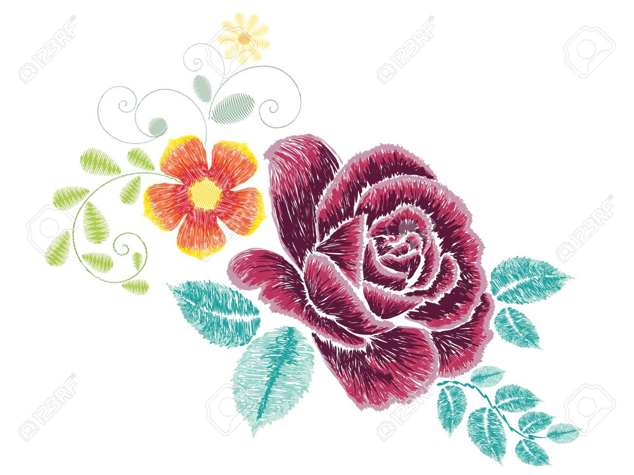 バラの花飾りと装飾的な刺繍デザイン のイラスト素材 ベクタ Image