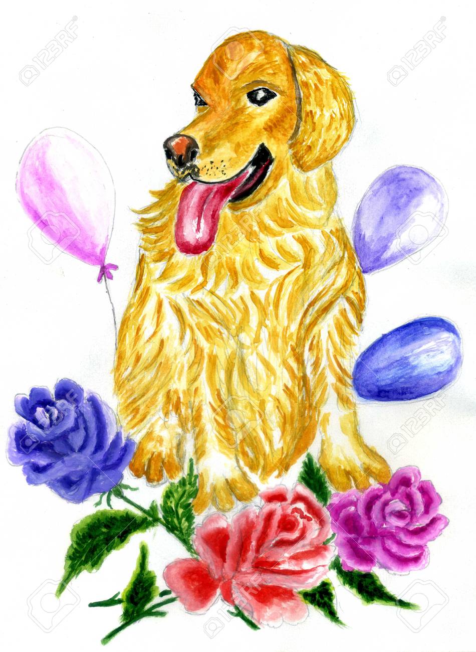 Un Chien De Dessin Animé Mignon Avec Illustration Aquarelle De Roses Et De Ballons