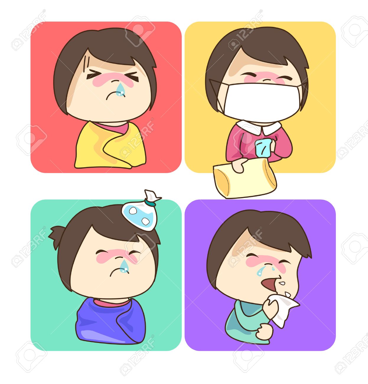文字漫画の 4 つの風邪 発熱やくしゃみ のイラスト素材 ベクタ Image