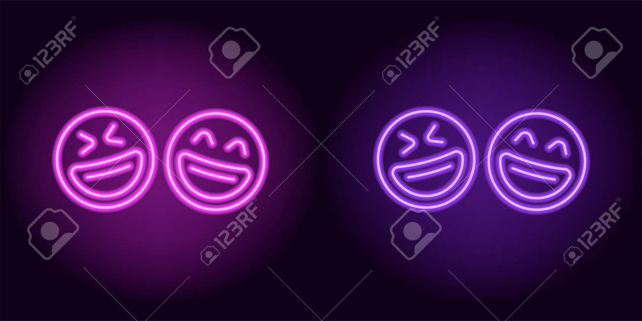 紫と紫のネオン笑う絵文字 愚かな日 暗い背景にバックライトを持つ アウトラインからなる笑顔を持つネオンペア絵文字のベクトルシルエットのイラスト素材 ベクタ Image
