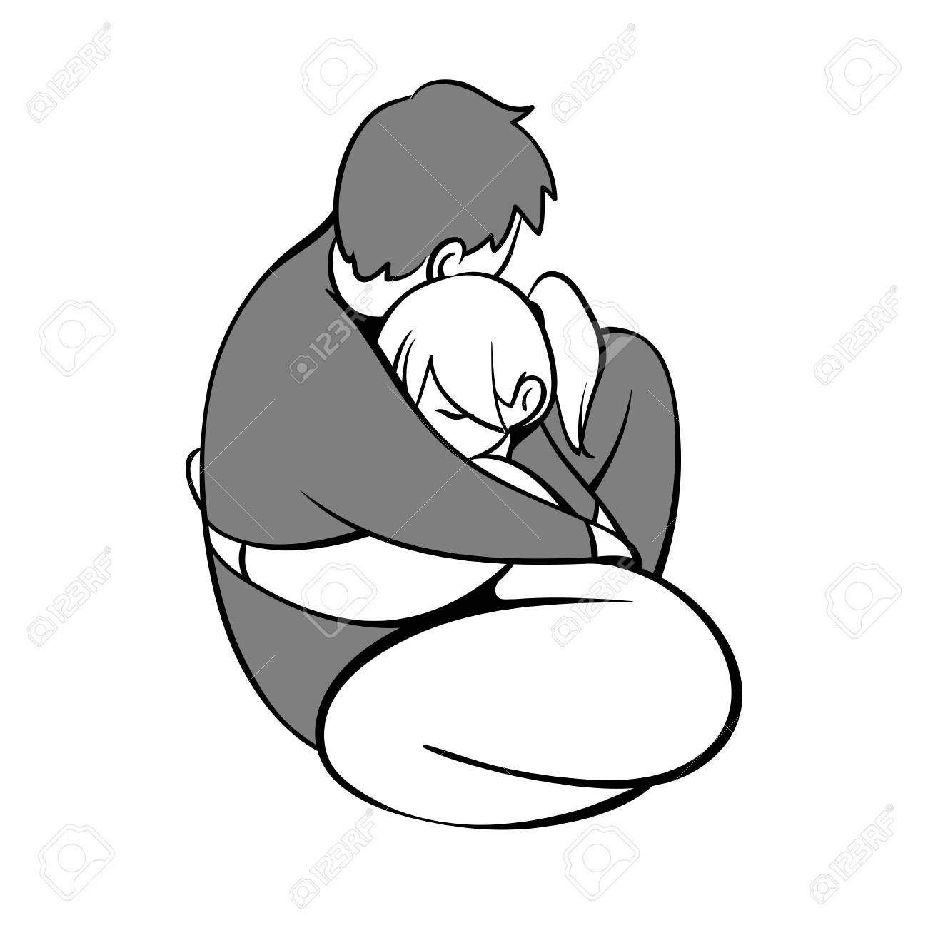 手には 素敵なカップルを抱き締めるとイラストが描かれました 黒とグレーの孤立した白い背景でスケッチします 簡単な漫画のスタイル バレンタインの日のグリーティング カード のイラスト素材 ベクタ Image