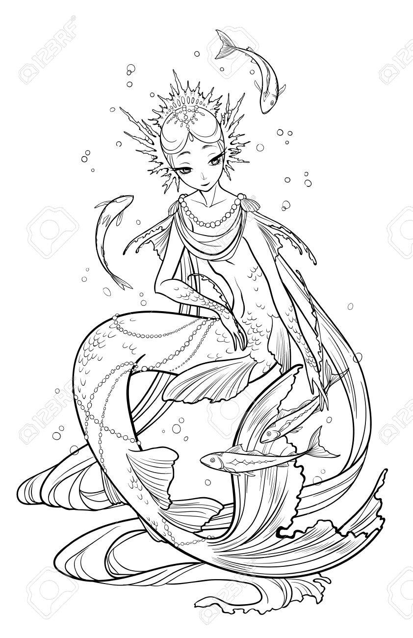 Illustration De Sirene Perle Decoree D Elements De Coquillage Jouant Avec Des Poissons Noir Et Blanc Anti Stress Livres A Colorier Pour Adultes Clip Art Libres De Droits Vecteurs Et Illustration Image 72243427