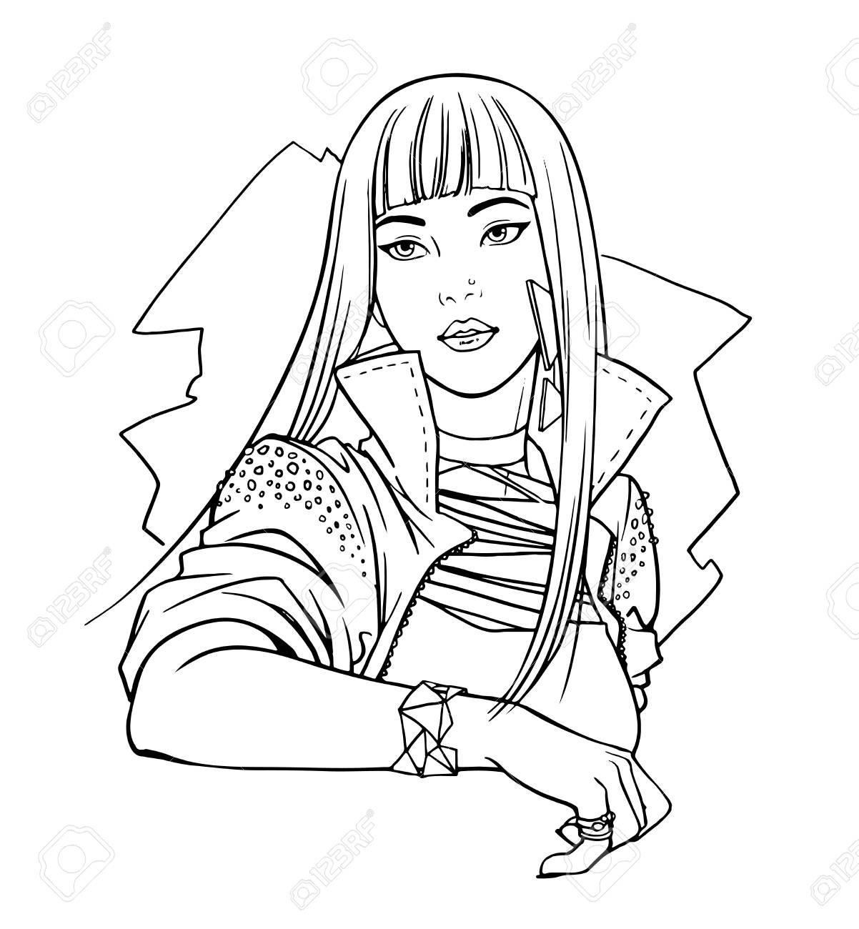 日本のティーン アイドル 美少女東部外観 音楽スターのイラスト 白い背景で隔離のきれいな女性のベクトル ライン アート 大人のぬりえの本 のイラスト素材 ベクタ Image