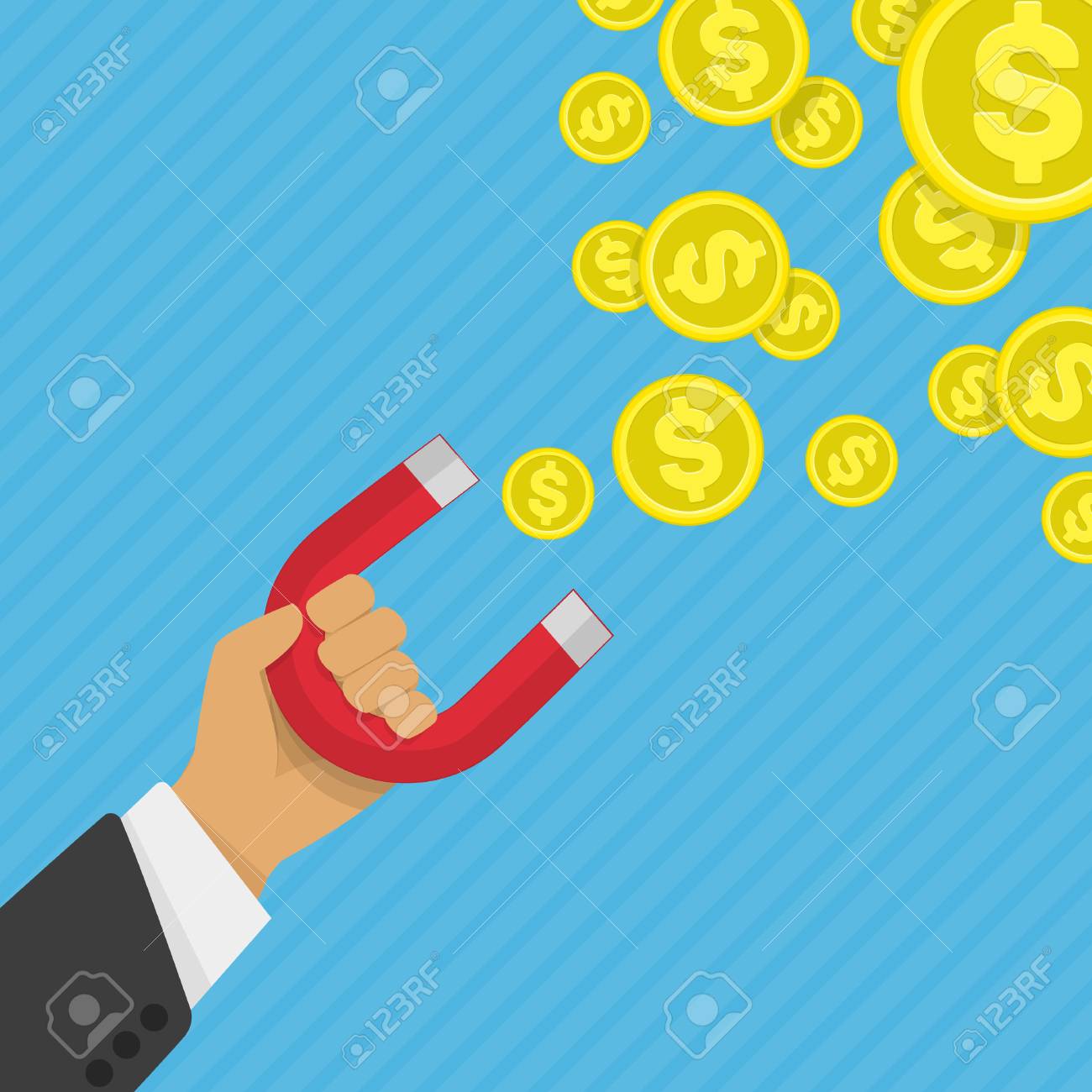 お金ビジネス成功ドル磁石のベクター イラストです 投資コンセプトを集めています 磁石とゴールド コインのお金と実業家の手 フラットなデザインのイラスト 仕事のやりがい のイラスト素材 ベクタ Image