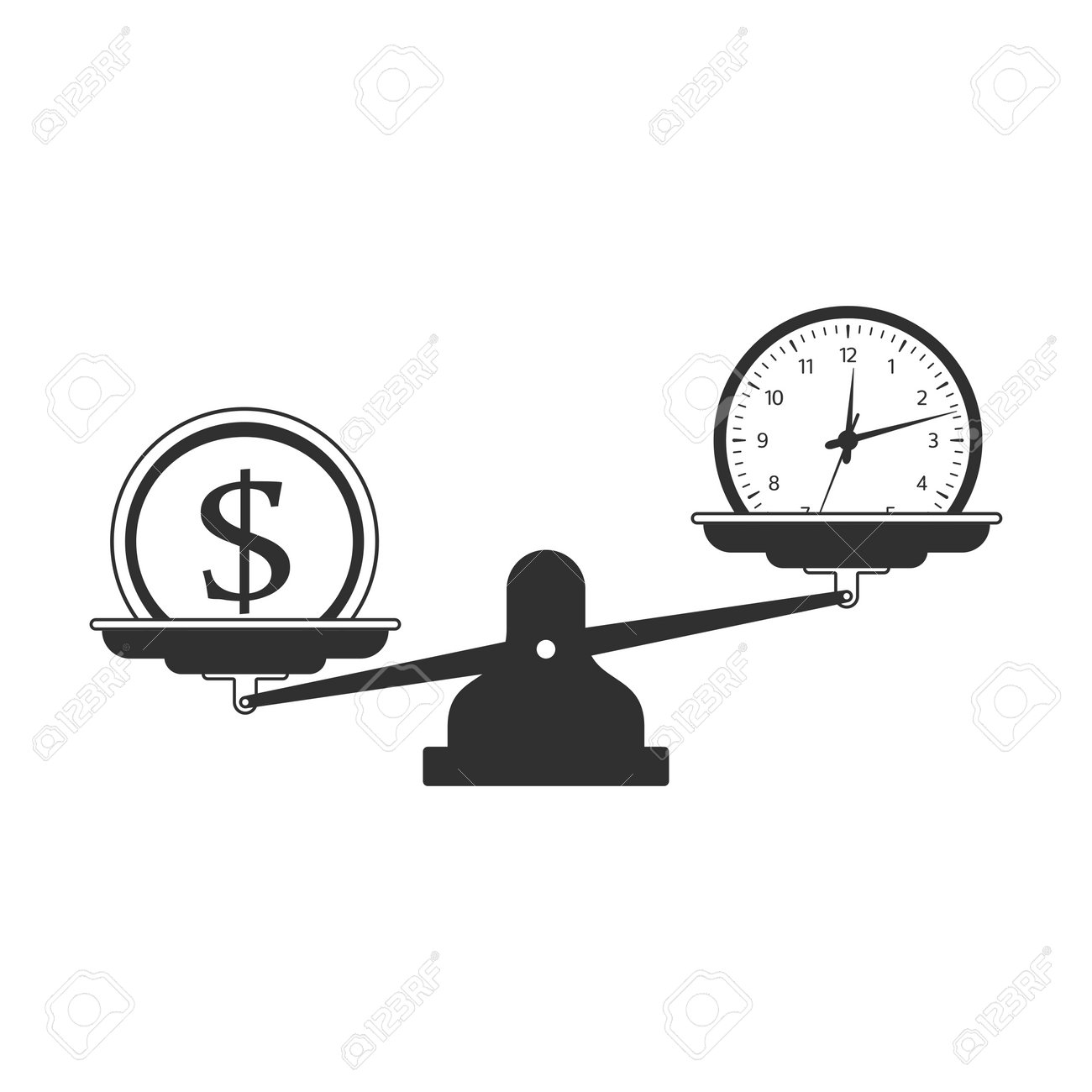 天秤にかける時間とお金。白い背景に時計とコインの分銅。フラット スタイルのベクトル イラスト。EPSの10。のイラスト素材・ベクター Image  219616358