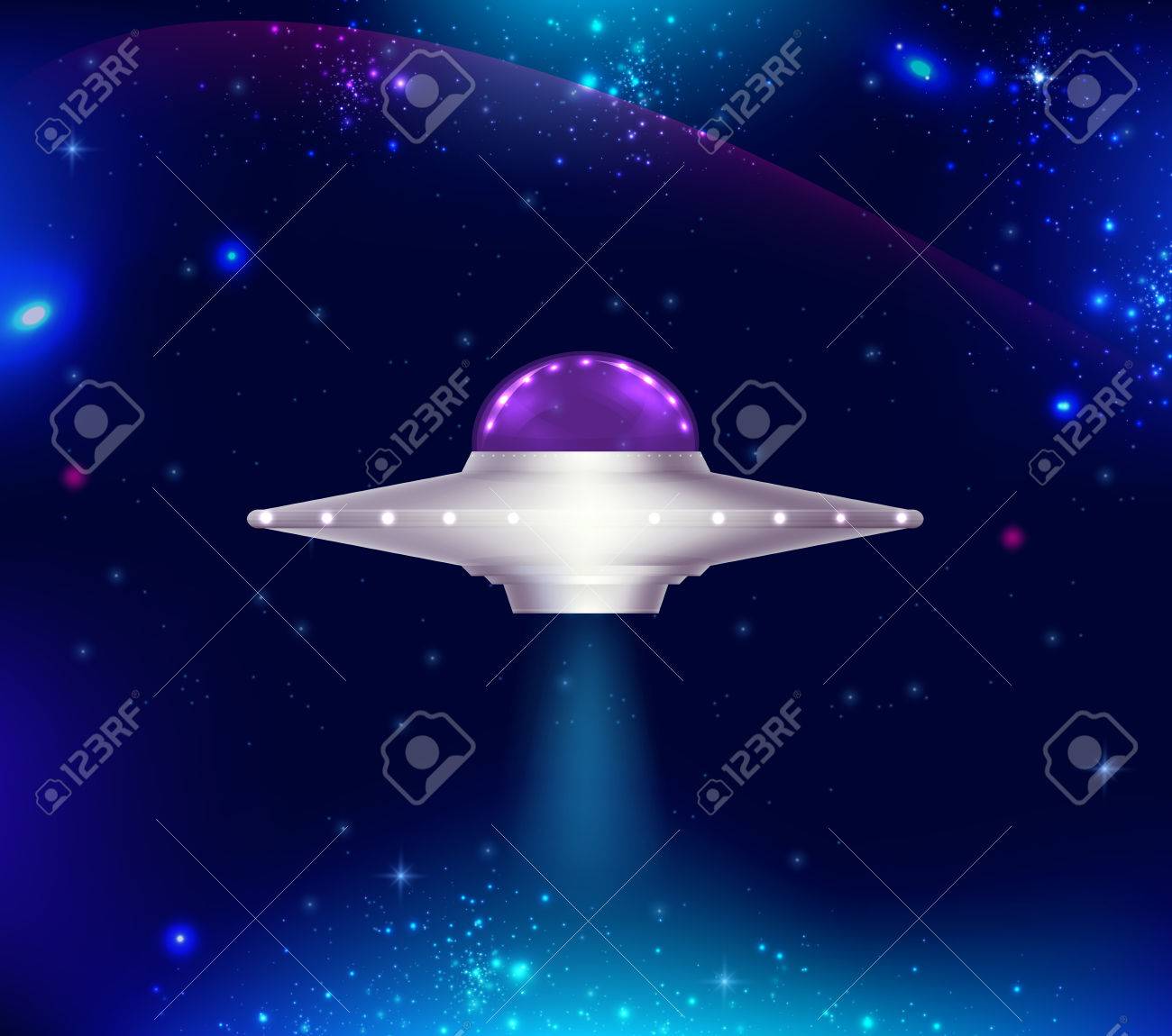 宇宙を飛んでいると、輝く星の UFO と幻想的な背景のイラスト