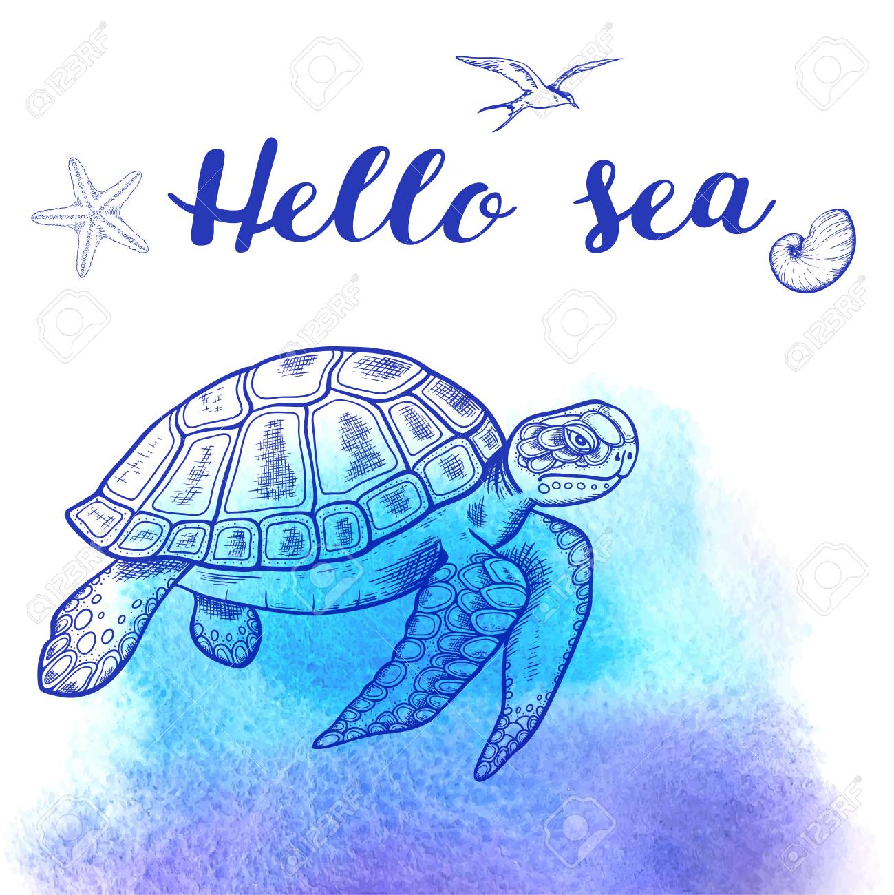 Vector Hand Drawn Sea Turtle On A Blue Watercolor Background Royalty Free Cliparts Vectors And Stock Illustration Image 78540733