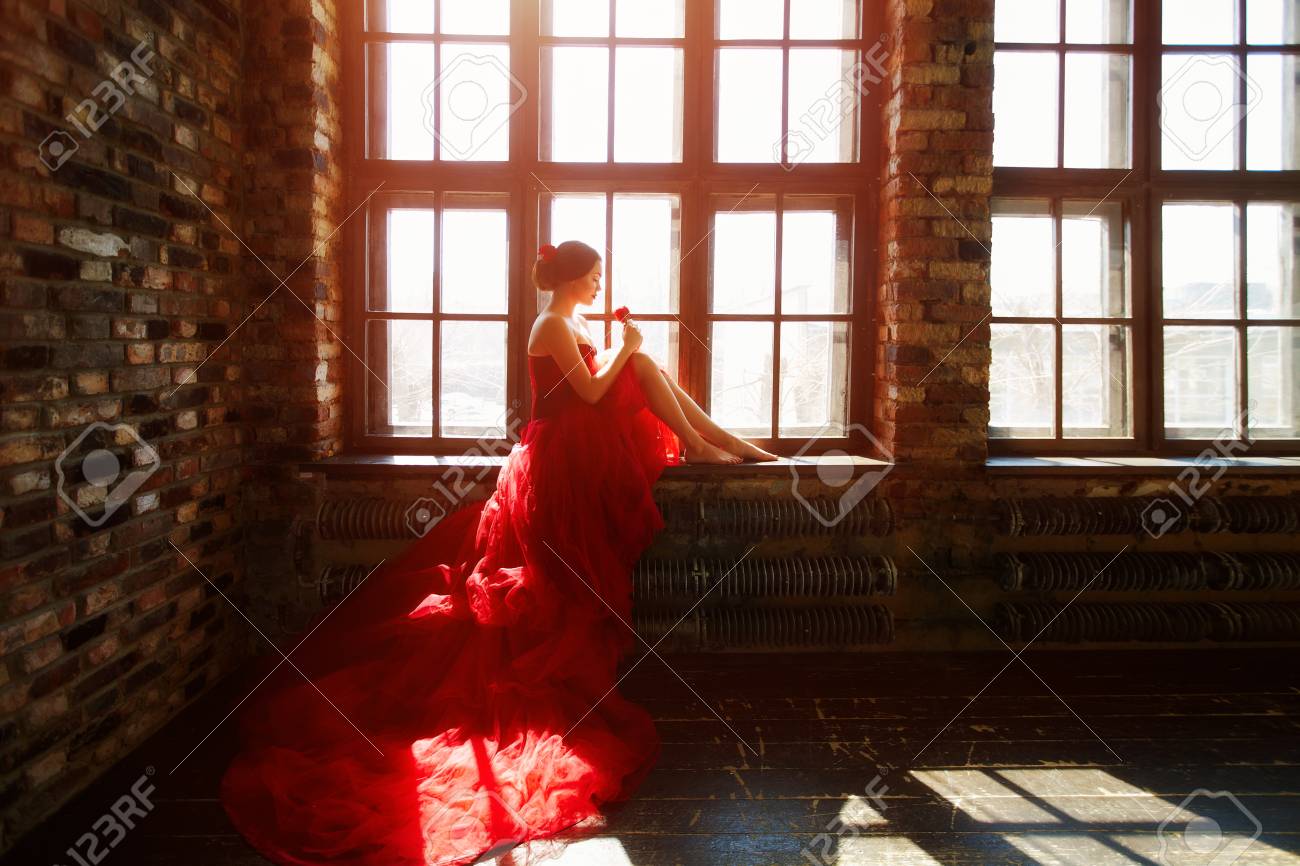 red flowing dress